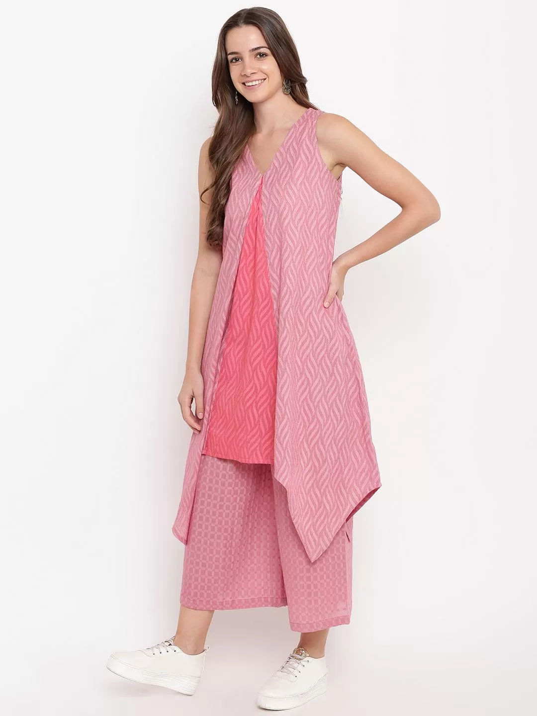 Pink Dobby V-Asymmetric Kurta-Palazzo