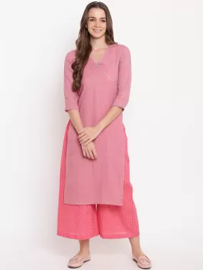 Pink High Slit Kurta- Contrast Palazzo