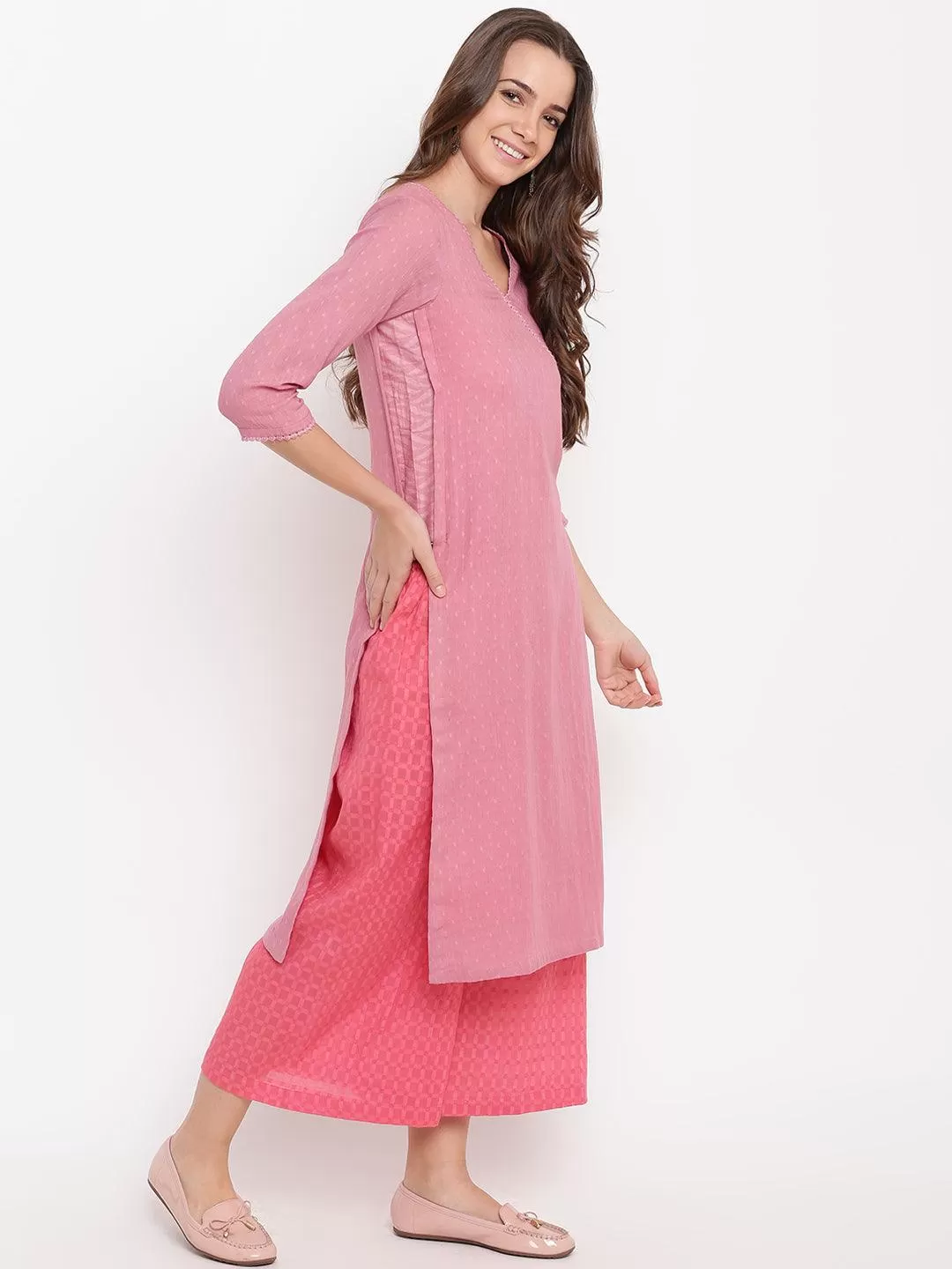 Pink High Slit Kurta- Contrast Palazzo