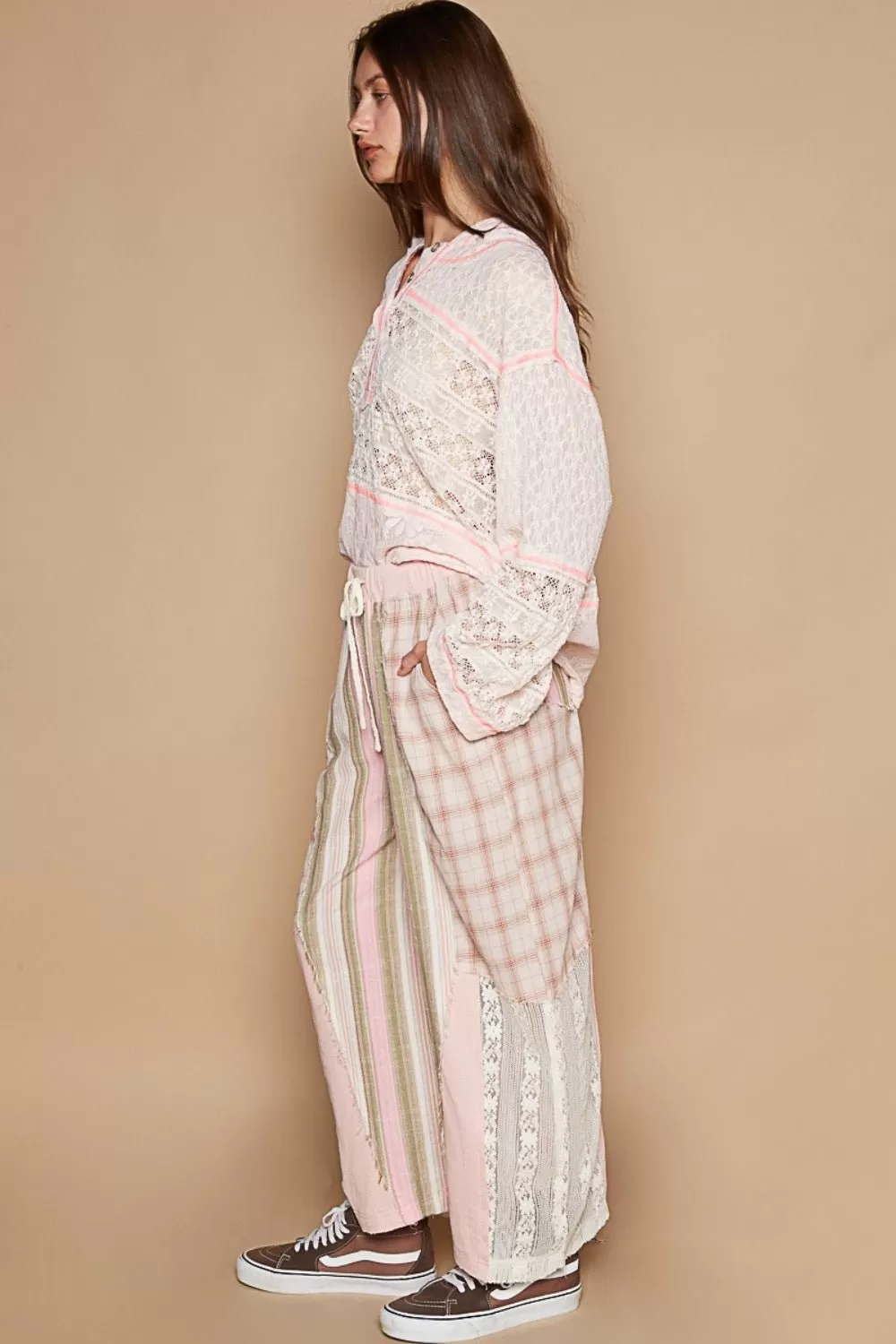 POL Drawstring Plaid Print Lace Straight Pants