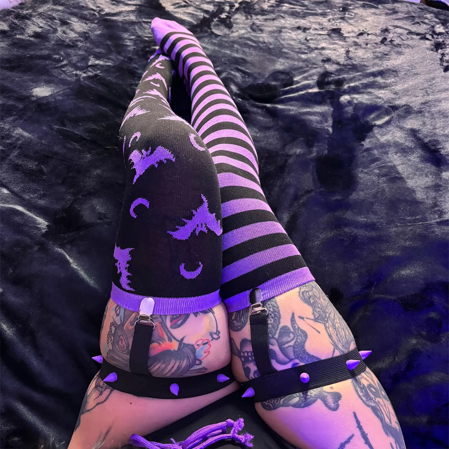 Purple Stripes Thigh High Garter Socks