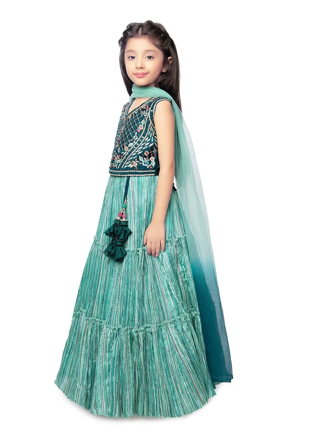 Rama Green Coloured Ready-To-Wear Lehenga Choli With Mirror Work For Girls