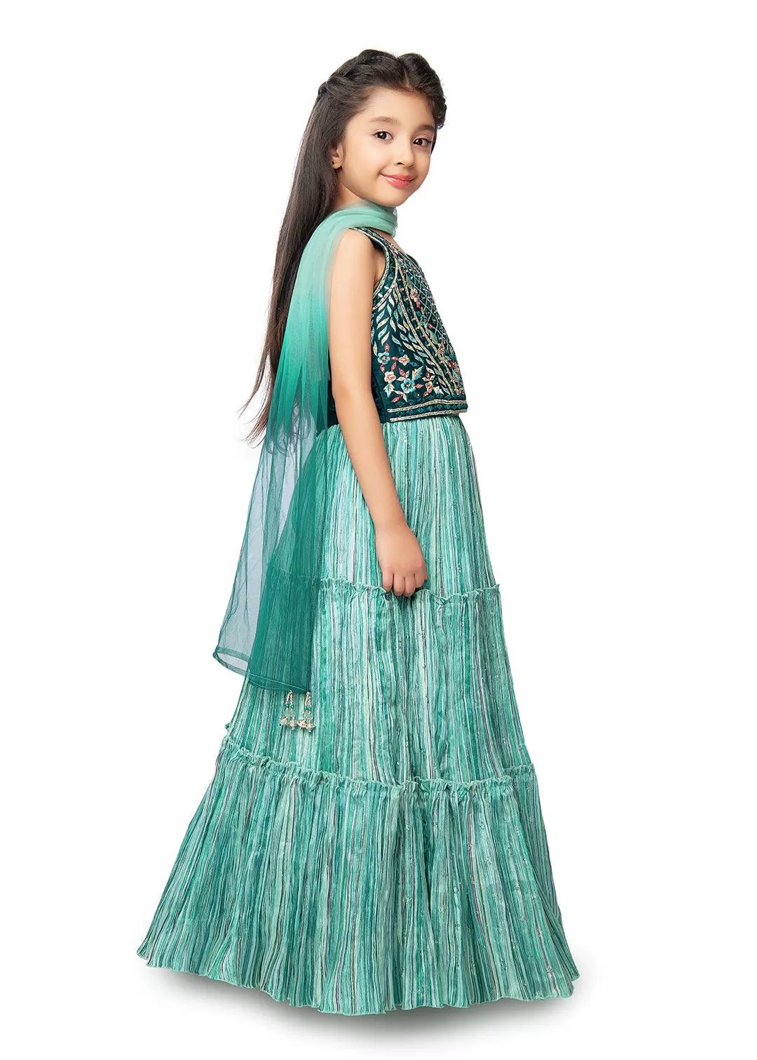 Rama Green Coloured Ready-To-Wear Lehenga Choli With Mirror Work For Girls