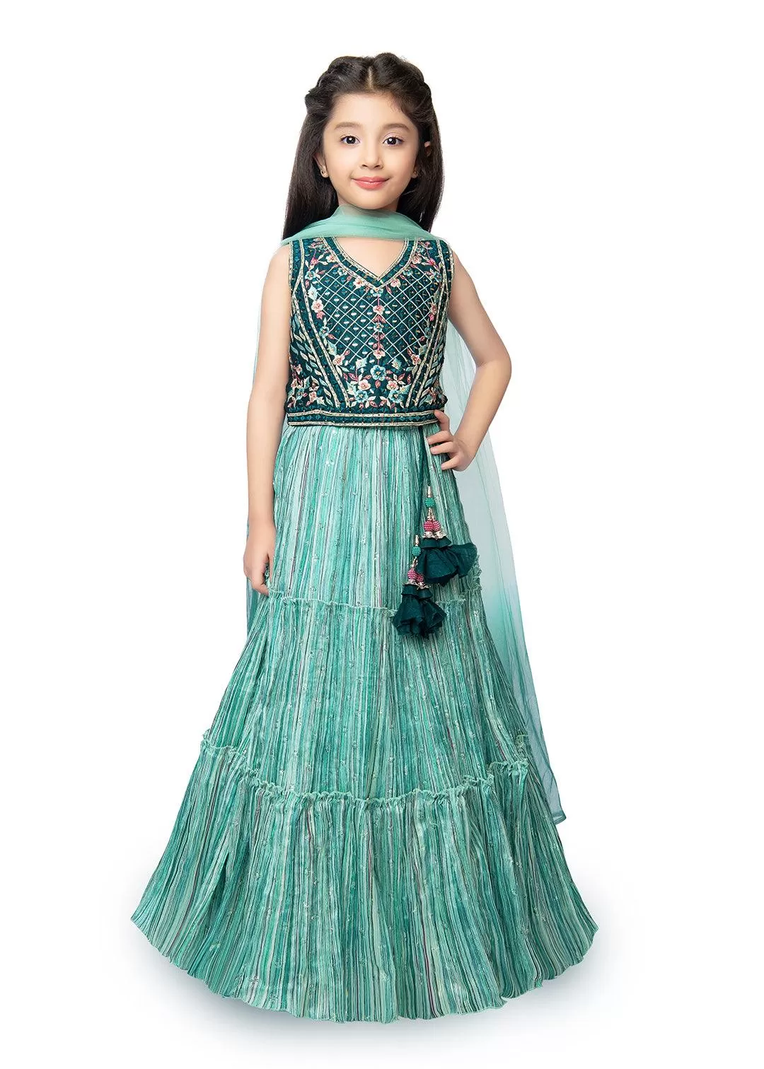 Rama Green Coloured Ready-To-Wear Lehenga Choli With Mirror Work For Girls