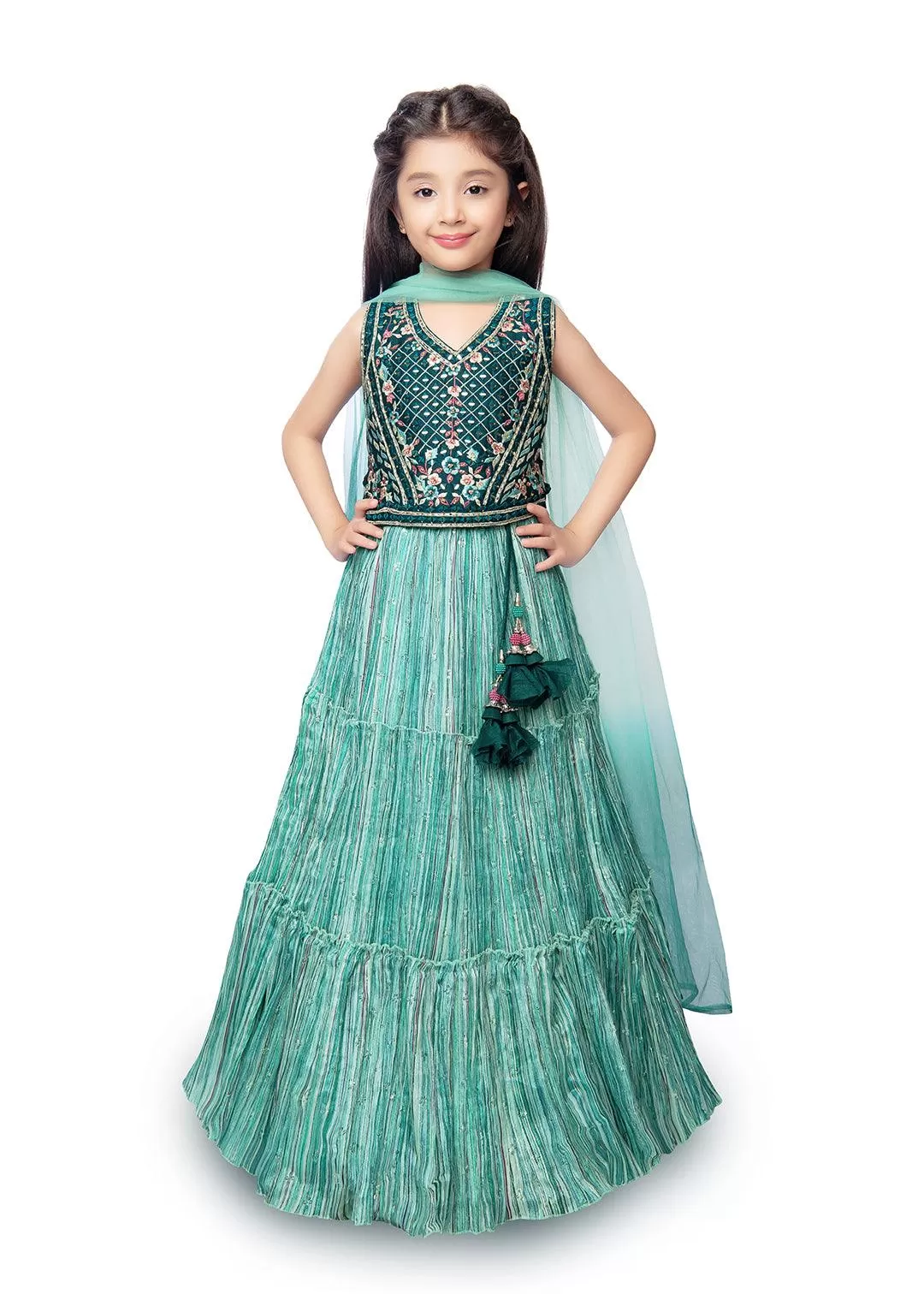 Rama Green Coloured Ready-To-Wear Lehenga Choli With Mirror Work For Girls