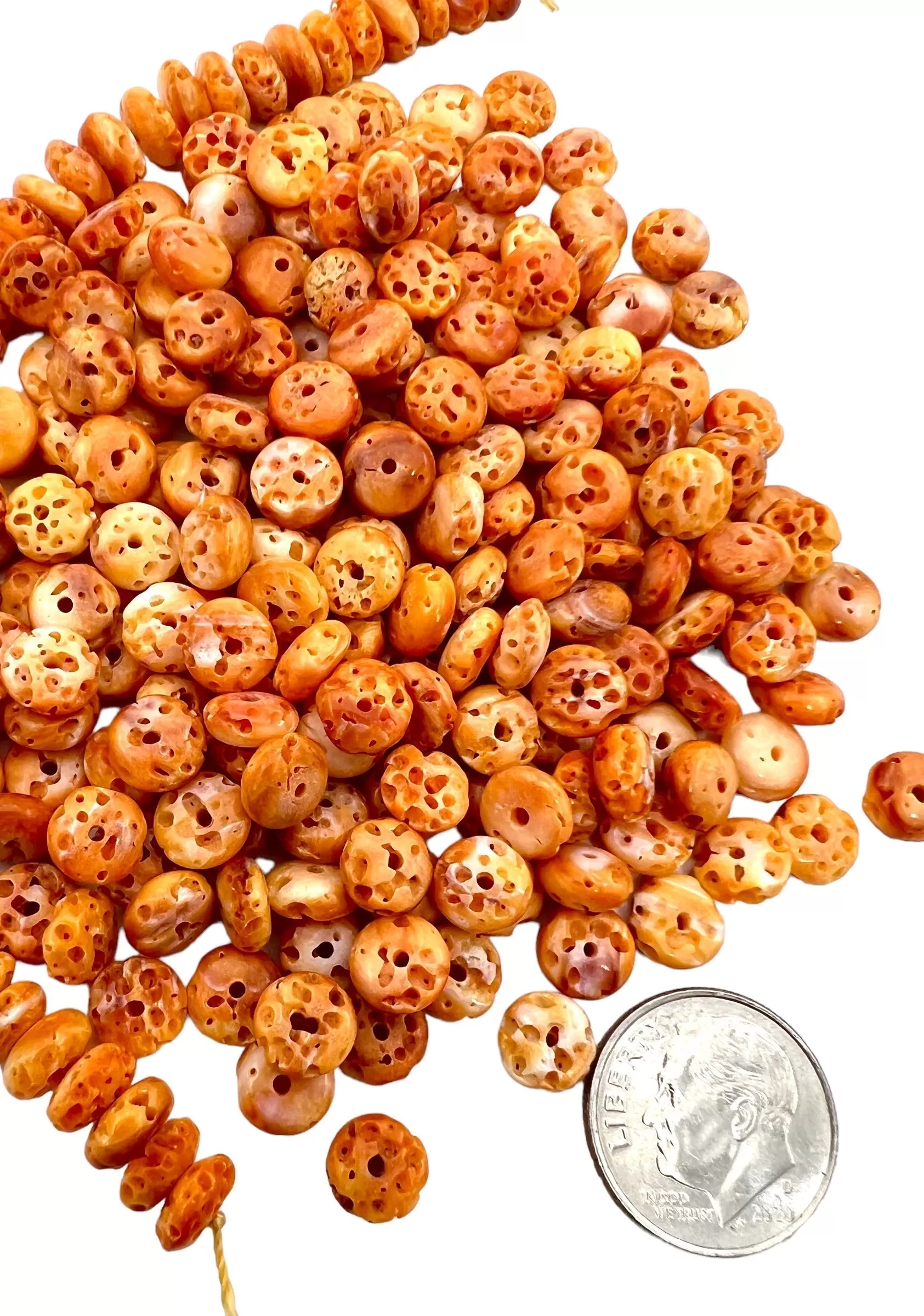 RARE Orange Spiny Oyster 7mm Rondel Beads, (Package of 12 beads)