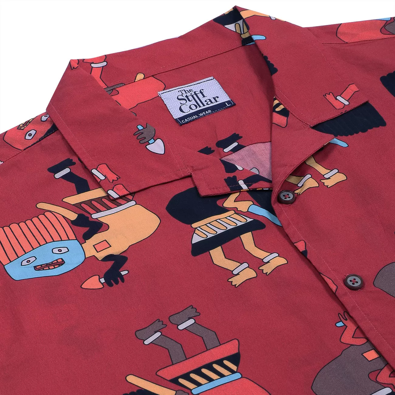 Red Tribal Celebration Print Cuban Collar Half Sleeve Shirt