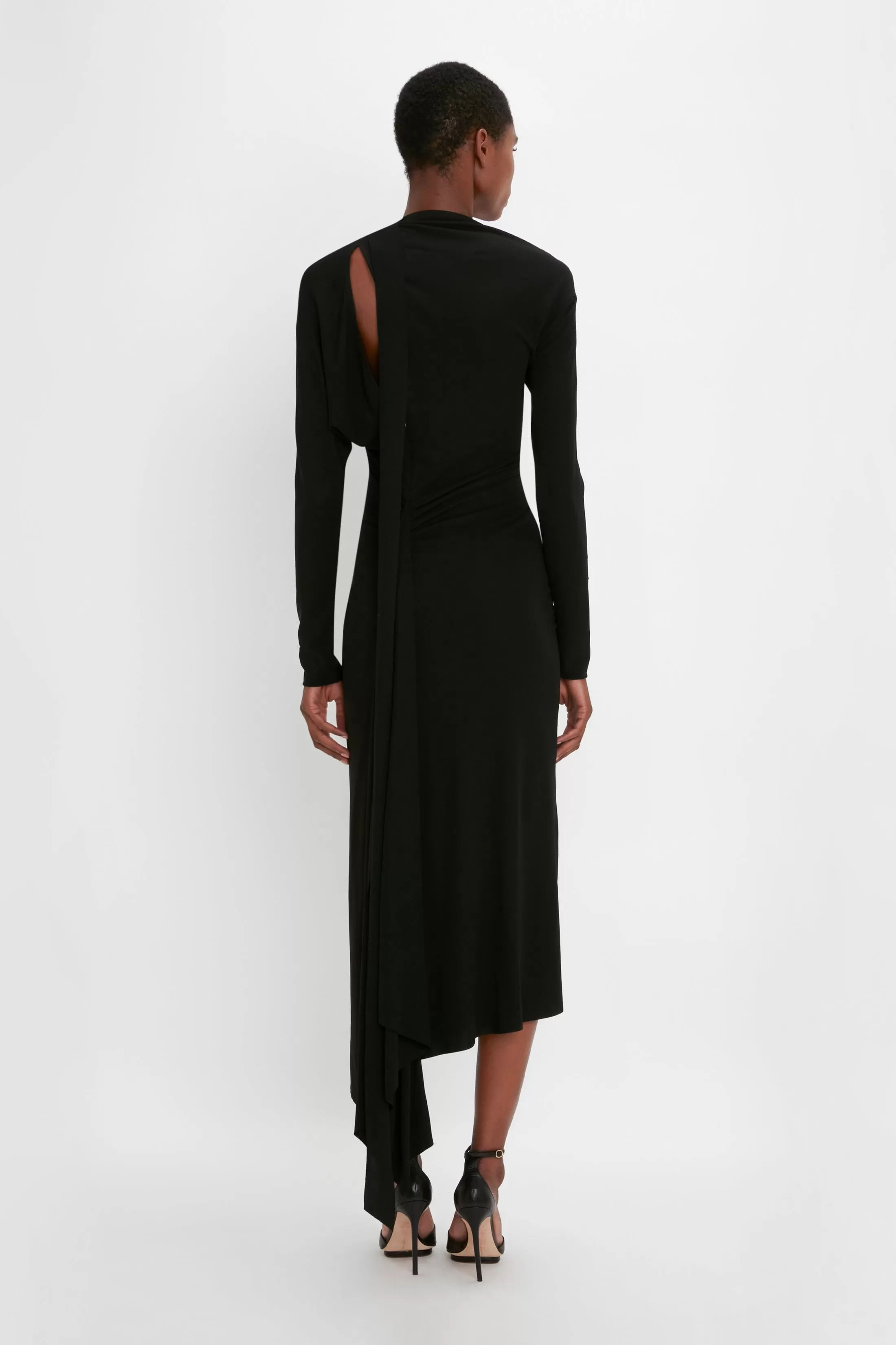 Slash-Neck Ruched Midi Dress In Black