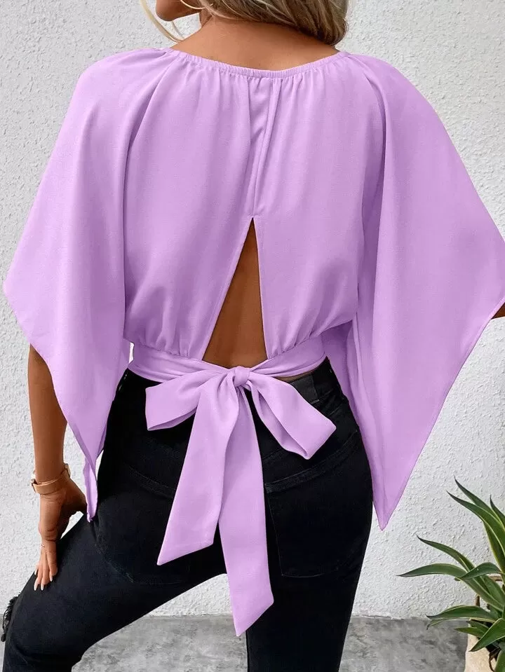 Sleeve tie back crop blouse in lilac