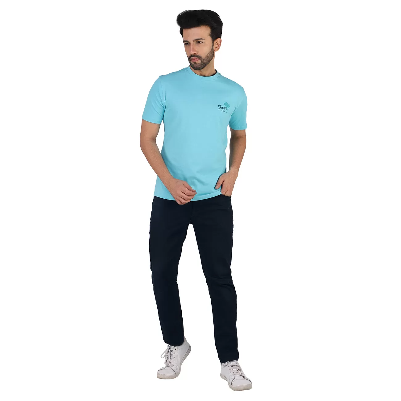 Soft Enzyme Washed Turquoise Blue Round Neck Cotton T-shirt