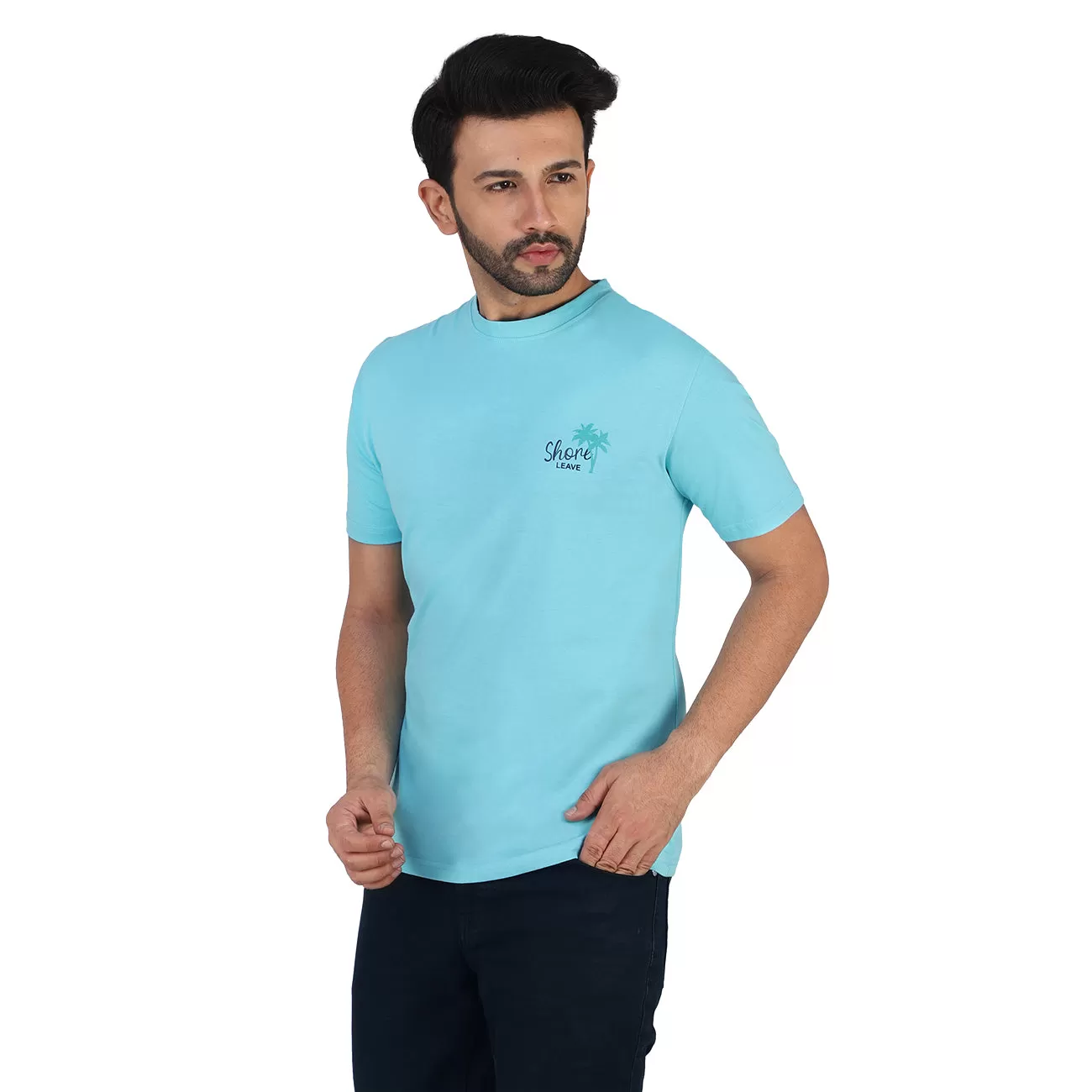 Soft Enzyme Washed Turquoise Blue Round Neck Cotton T-shirt