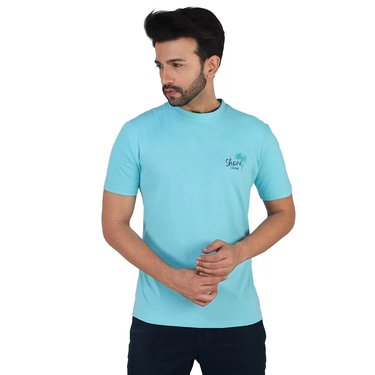 Soft Enzyme Washed Turquoise Blue Round Neck Cotton T-shirt