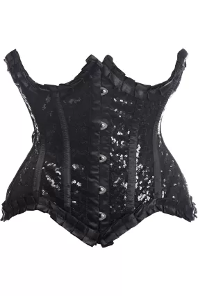 Top Drawer Black Satin & Sequin Underwire Curvy Cut Steel Boned Waist Cincher Corset