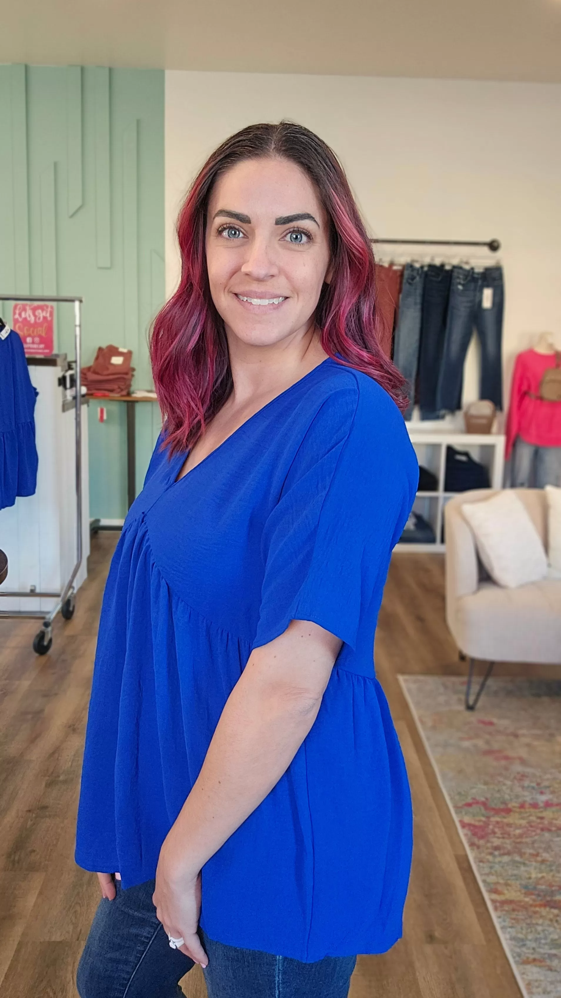 V-Neck Babydoll Blouse - Royal Blue