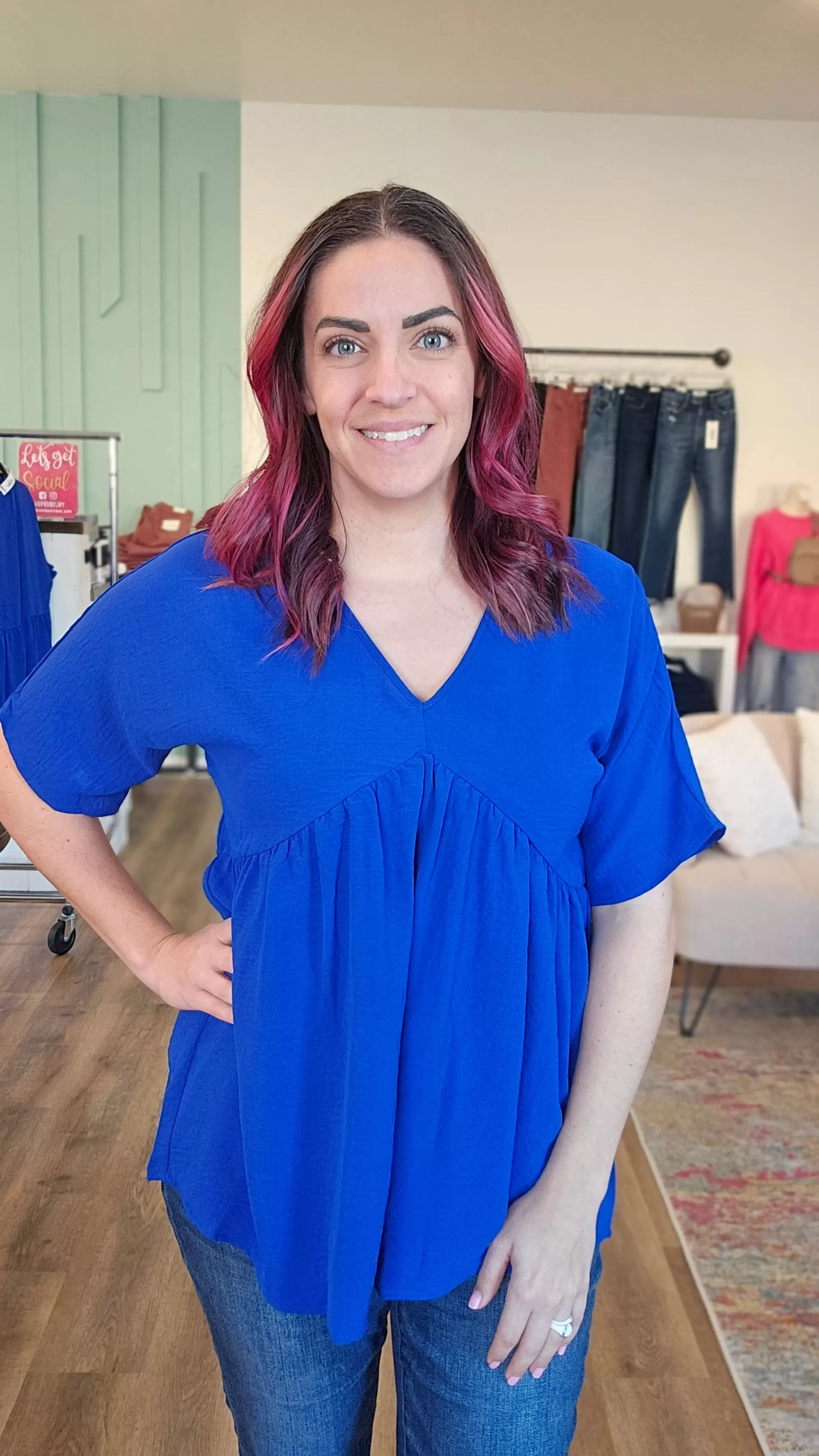 V-Neck Babydoll Blouse - Royal Blue