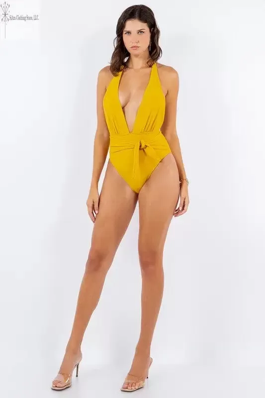 Women Bathing Suit Deep V-neck Open Back