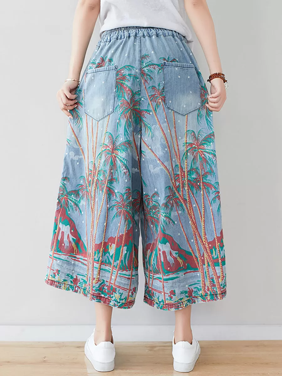 Women Summer Artsy Print Pocket Wide-leg Denim Pants